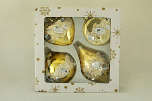 Набор декорированных украшений золото-глянец (шар, капля,сердце, плоский шар) 8см EBC14C347G-1